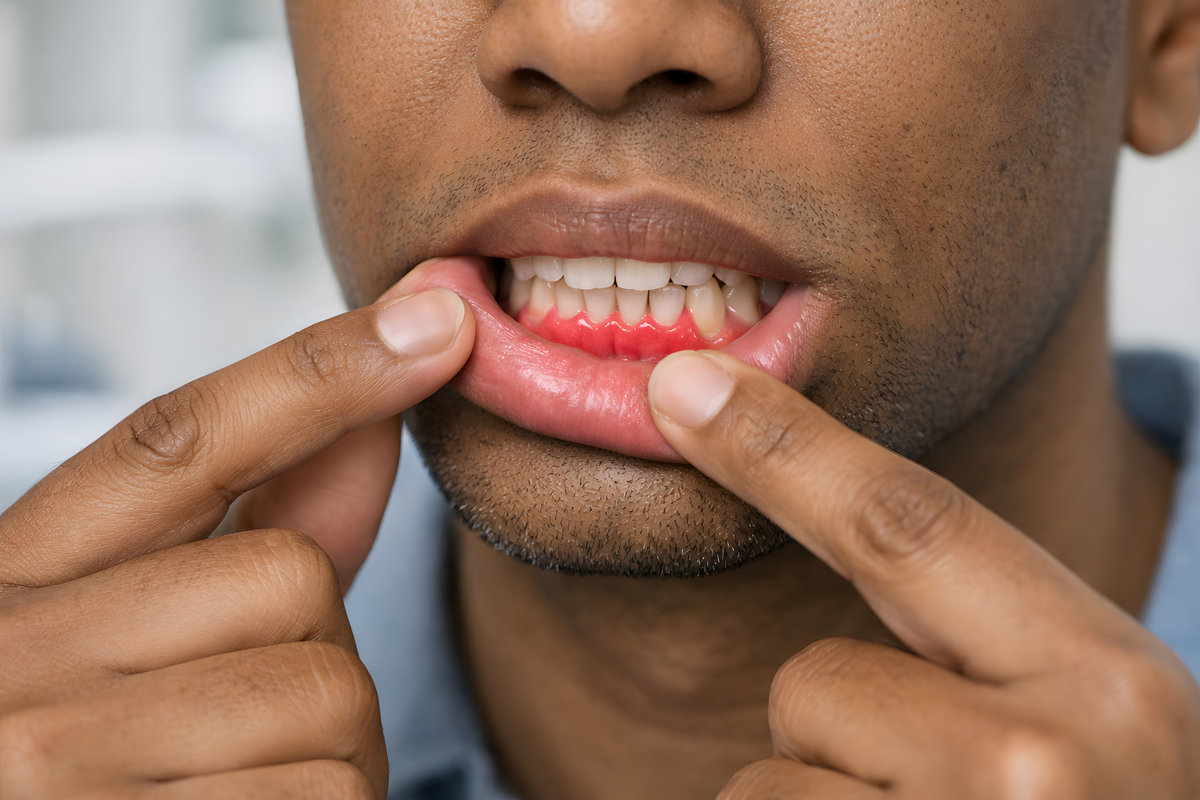Patient Pointing at Red Gums in Dental Office, Periodontal Disease Concept