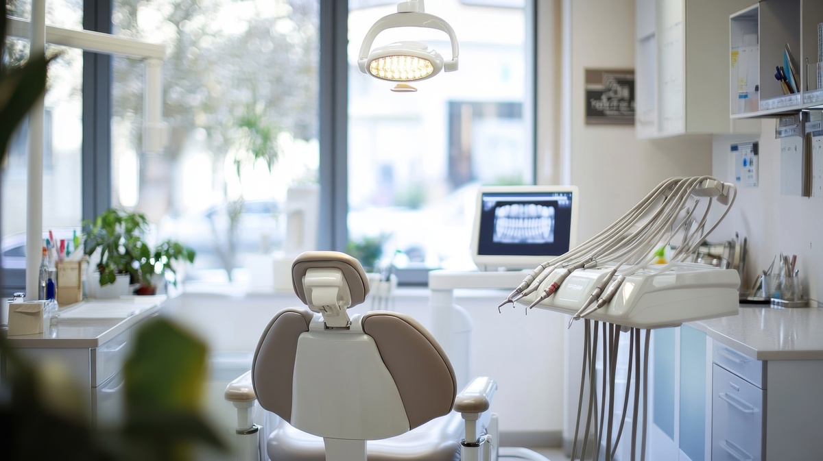 Modern dental office with comfortable waiting area and equipped treatment room