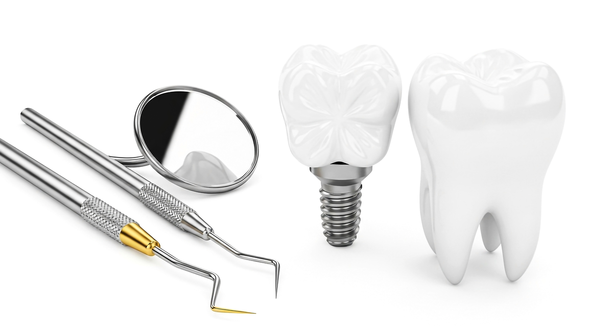 A close-up view of a dental implant next to traditional dental instruments This image highlights the tools used in modern dental procedures and the innovative technology of tooth implants